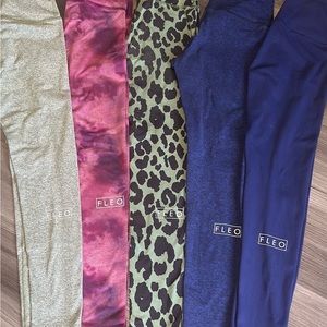 burgundy tye dye and olive leopard print, stone gray, and iris